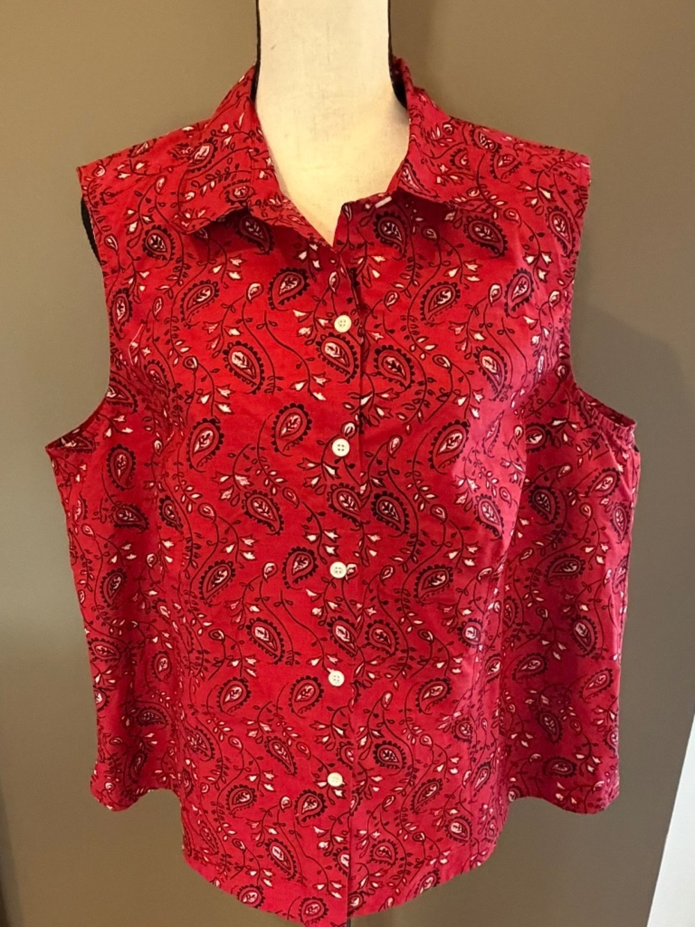 Vintage 90s Charter Club Red Paisley Sleeveless Button Up Top, Size 18W